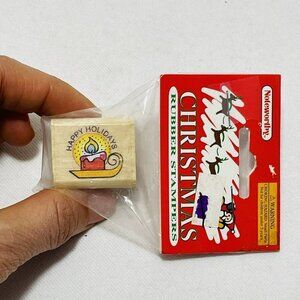 Vintage Noteworthy Christmas Rubber Stampers Stamp Candle Wood Happy Holiday New